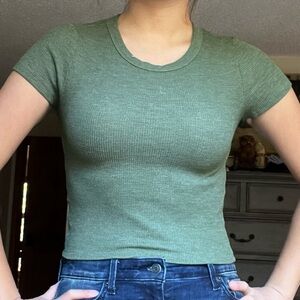 American Eagle Olive Green Ribbed S Small Hey Baby Waffle Cropped Tee